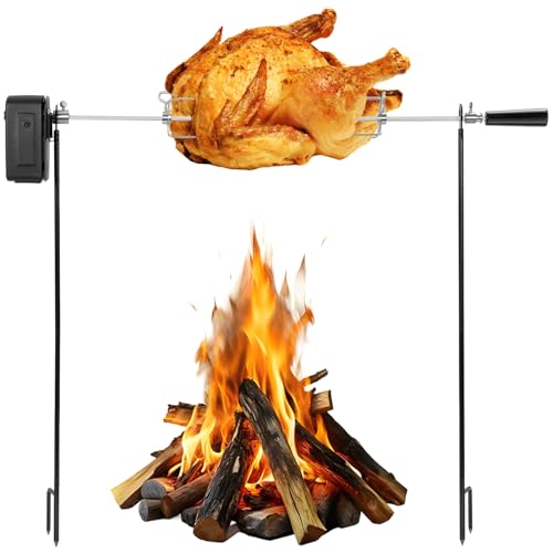 QPMR Rotating Rotisserie Grill Kit Electric Dual Post Open Fire Spit Rotisserie Grill System Cordless Battery Motor with Spit Rod for Outdoor Campfire Grilling 20LBS Capacity