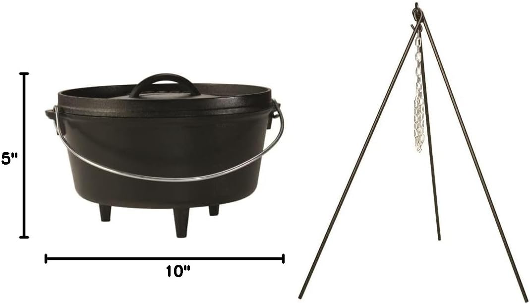 Lodge L10DCO3 Cast Iron Deep Camp Dutch Oven (5-Quart) and Lodge 3TP2 Camp Dutch Oven Tripod (43.5-Inch, Black)