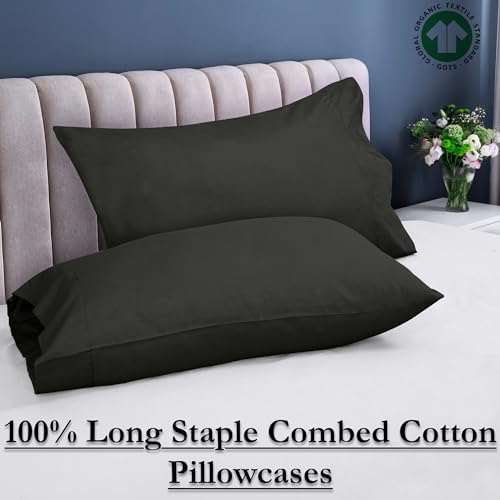 Image of ROYALE LINENS 300 Thread Count 100% Long Staple Combed Cotton Pillowcases Set of 2 - Ultra Soft- King Bed Pillow Cover - 20 inchx40 inch - Breathable, Cool & Crisp Percale Black Pillow Cases (King, Black)