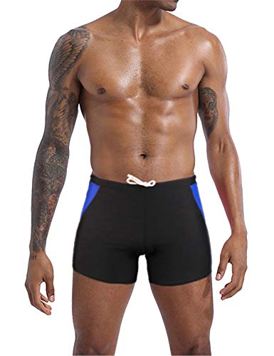 Jonathan Swim Men's Square Leg Swimsuit, Men's Swim Trunks, Beach Swimming Trunks Boxer Brief Swimsuit for Men (L, Black Navy Blue)