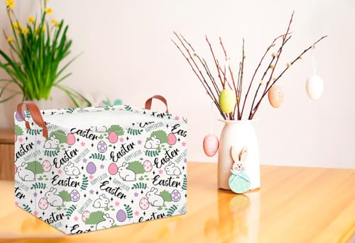 Image of CLOCOR Rectangular Green Easter Gift Basket Empty,Waterproof Storage Basket with Handles,Room Decor(Rabbit Egg)