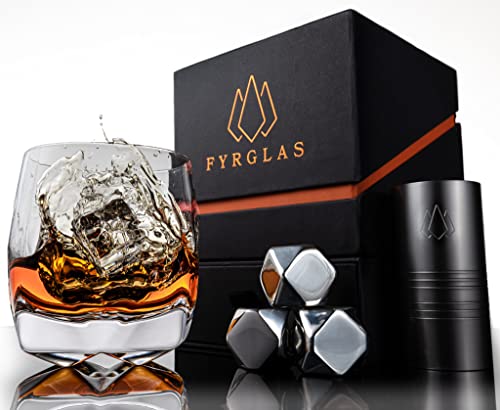 Whisky Glass Gift Set - Unique Luxury Welsh Whiskey Glass Tumbler UK Design with Cocktail Measure and Cooling Cubes