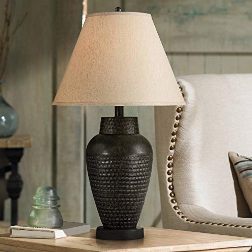 Regency Hill Auburn Rustic Farmhouse Vase-Shaped Table Lamps 25" High Set Of 2 Hammered Bronze Metal Natural Linen Drum Shade For Living Room Bedroom House Bedside Nightstand Home Office #TOP3