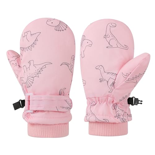 Image of Urban Virgin Toddler Winter Gloves Kids Waterproof Snow Mittens Baby Mittens Boys And Girls Cuffed Snow Gloves C-PinkDino S(1T-3T)