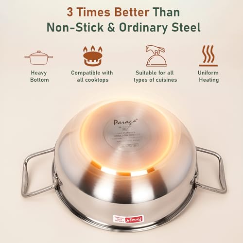 Image of Parage 1 Pieces Stainless Steel Mini Kadhai 1.5 Litre with Glass Lid for 2-3 People | Gas & Induction Friendly Encapsulated Base | Rust-Resistant Cookware for Daily Cooking