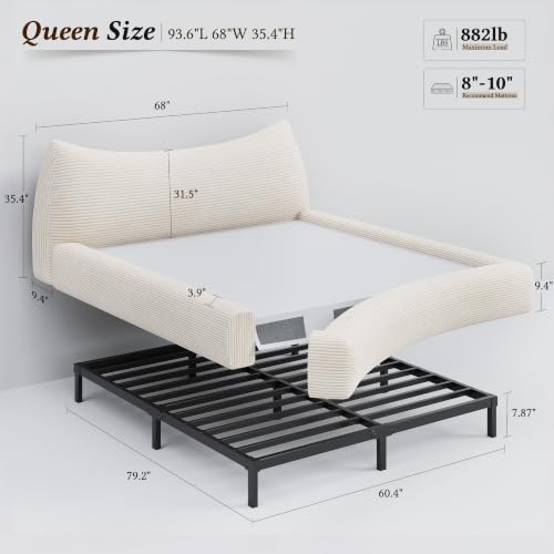 Image of Homkdom Cloud Bed Frame 9.4 inch Thick Soft Headboard & Anti-Collision Corner | Cat-Ear Design for Modern Bedroom, 15-Min Easy Assembly for First -Timers, Scratch-Resistant for Pet Owners, Noise-Fee, Queen