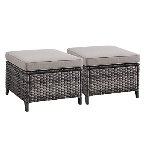 Rilyson Outdoor Ottoman Wicker Patio Ottomans - 2 Piece Footrest Footstools Set Rattan Outdoor Ottomans for Patio with Thick Cushions(Mixed Grey/Grey)