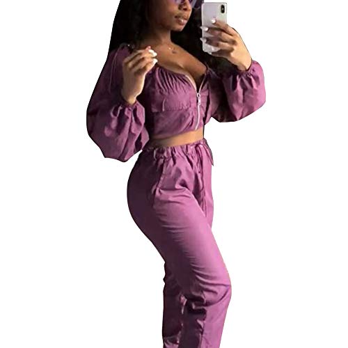 Sexy Two Piece Outfits for Women - Long Sleeve Crop Tops High Waisted Pants Jumpsuit Sexy Club Outfits Khaki - Thumbnail 4
