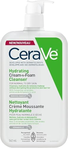 CeraVe Hydrating Cream-to-Foam Face Cleanser, One-Step Face Wash With Hyaluronic Acid & Amino Acid Complex, Gently Cleanses Skin, Non-Comedogenic, Fragrance-Free, Normal to dry skin, 562mL