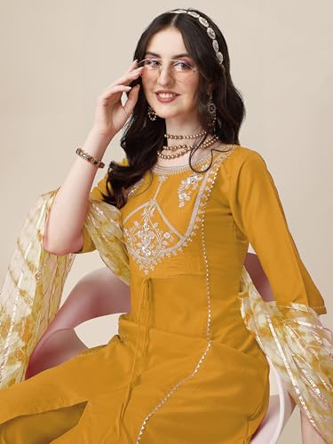 Image of EthnicJunction Women's Chinon Embroidered Straight Front Slit Kurta Palazzo & Organza Dupatta Set | Wedding | Heavy | Outfit | Suit