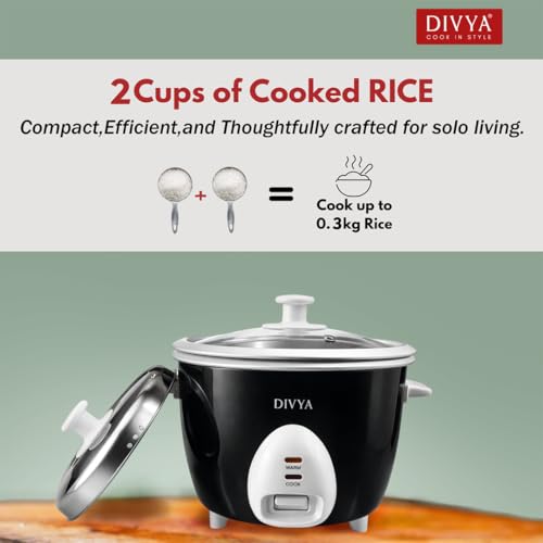 Image of DIVYA 0.6 L Drum Electric Rice Cooker for Home | 300 W | Double Pot Anodised Aluminium | Glass & Stainless Steel Lid | Cook & Keep Warm Function | Compact Rice Cooker | Black