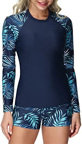 Womens Two Piece Long Sleeve Swimsuits Floral Printed Rashguard Shirt Sun Protection Tankini Navy Leaf M