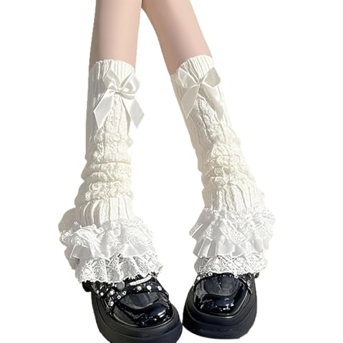 WUSJCOF Polainas Mujer Y2K Calentadores de Piernas con Lazo Kawaii Lolita Accesorios Tejidos Altos hasta la Rodilla con Encaje para Chicas