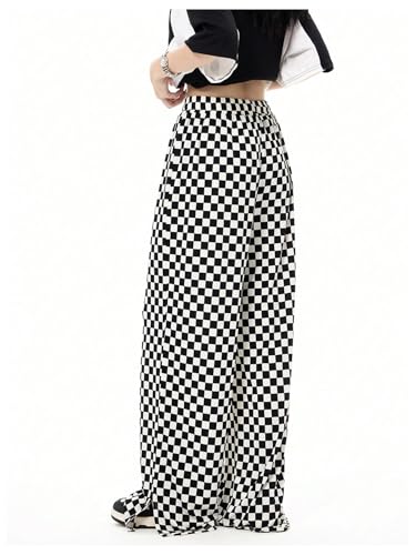 Milumia Women's Checkered Drawstring Baggy Long Pants Straight Leg Loose Fit Pants2