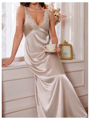Image of WDIRARA Women's Satin Sleepwear Nightgown | Lace, Backless, Deep V Neck, Sleeveless, Long