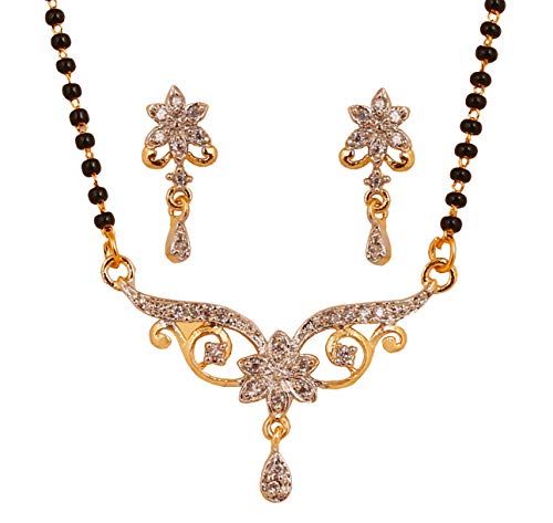 Touchstone Indian Bollywood Style Rhinestone Zirconia CZs Black Beads Symbolic Designer Jewelry Mangalsutra Set in Gold Or White Tone for Women.