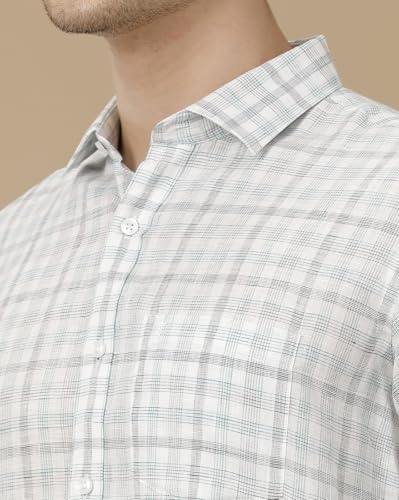 Image of Linen Club Men's Pure Linen Blue Checked Contemporary Fit Half Sleeve Casual Shirt