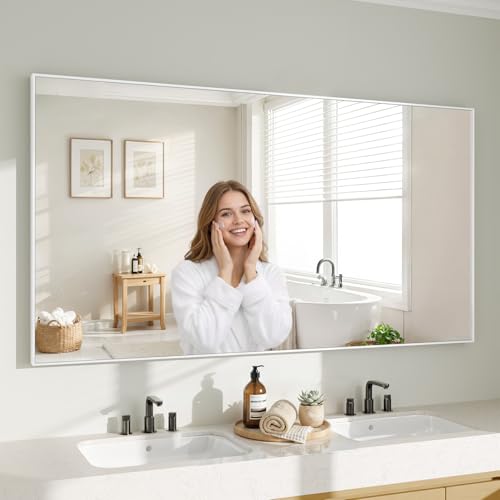 Image of Koonmi White Rectangle Wall Mirror, 30x60 Inch Bathroom Mirror, Aluminum Frame Vanity Mirror for Entryway, Living Room, Bedroom Bathroom, Hangs Horizontally or Vertically
