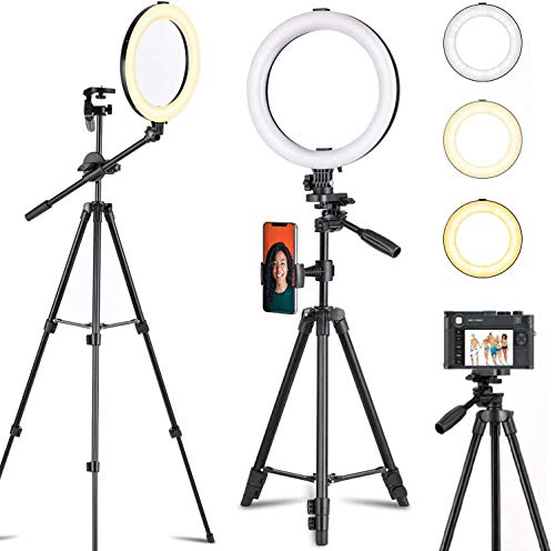 Ring Light 10" with Tripod (118cm / 46.45"), 3 Ways to Use, 360 Â° Adjustable Pole and Phone Holder LED Ring Light for Live Streaming & YouTube Video, TIK Tok, Makeup