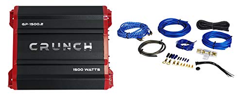 Crunch GP-1500.2 1500 Watt 2 Channel Car Audio Amplifier Stereo Amp Bridgeable Bundle with Rockville RWK82 8 Gauge 4 Chan Car Amp Wiring Installation Wire Kit (2) RCA's