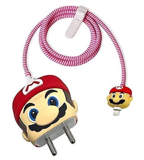 Image of DIVERTS Charger Case Cover 360 Degree Full Protection Cover Funny Cartoon Character Compatible for iPhone 18-20W Silicone Protective Charger Cover Cable Protector (Mario Red Design)