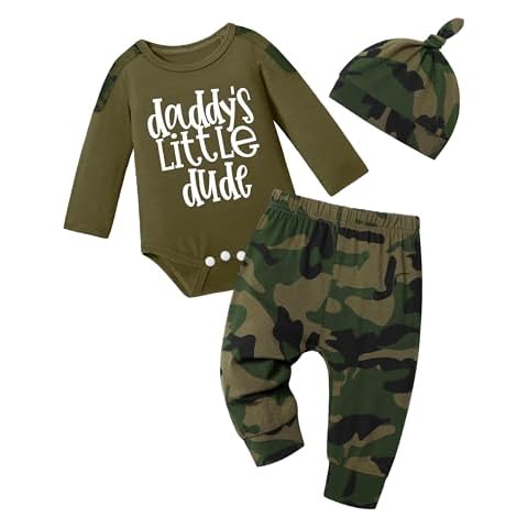 Oranchids Baby Boy Clothes 3-6 Months Baby Boy Outfits Daddy's Little Dude Camo Long Sleeve Romper + Camouflage Pants + Hat Baby Clothes Boy Baby Boy Clothing Set Green Cover