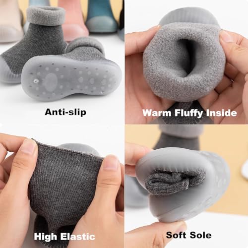 2 Pairs Baby Sock Shoes Toddler Warm Fuzzy Thick First Walking Shoes Baby Boys Girls Slip-on Slippers Soft Rubber Sole Sneakers2