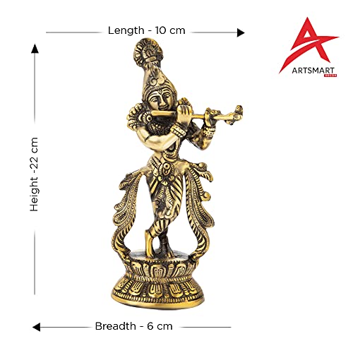 Image of ARTSMART Lord Krishna Idol Statue Flute Playing Krishan Krishna Idols Decorative Showpiece Figurine for Pooja Room Gift (Brass Antique)