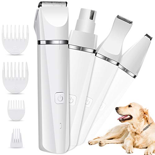 Dog Clippers for Grooming kit 4 in 1 Dog Nail Grinder Rechargeable Quiet Hair Trimmers Set for Dogs Cats Pets (White)