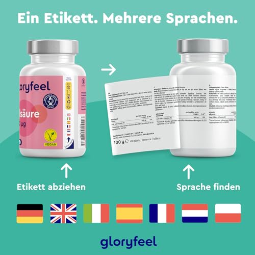 Folsäure - 400 Tabletten (13 Monate) - 400µg reine Folsäure pro Tablette - SCHWANGERSCHAFT & IMMUNSYSTEM* - 100% vegan, laborgeprüft und ohne Zusätze in Deutschland hergestellt