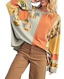 Women Y2K Color Block Sweatshirt Vintage Long Sleeve Patchwork Floral Crew Neck Top Casual Oversized Sweatshirt Multicolor