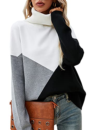 Image of ECOWISH Women Fall Pullover Sweater Turtleneck Plaid Long Sleeve Loose Casual Chunky Checked Knit Winter Sweaters Jumper Tops