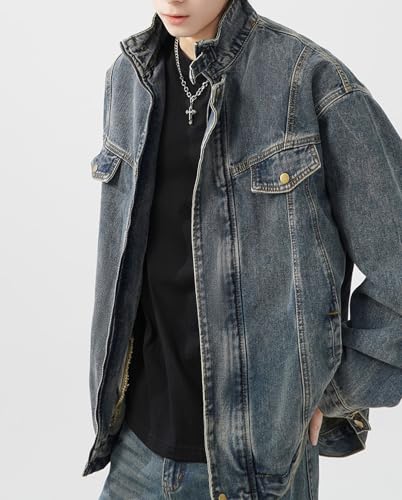 HBER Mens Teen Boys Long Sleeve Denim Jacket Zip Up Casual Loose Trucker Biker Jeans Jacket Coat Fall Denim Outwear4