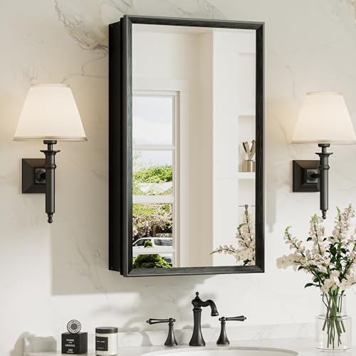 TokeShimi 14 x 24 Recessed Medicine Cabinet with Mirror Assembly Required Black Medicine Cabinet for Bathroom Stepless Adjustable Shelves Beveled Aluminum Frame DTC Hinge