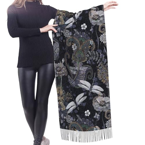 Colorful Floral Dragonflies Pashmina Shawl Scarf Women'S Blanket Shawl Wrap Scarf 77"" X 27"", Black2