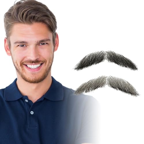 Trevonix Human Hair Handlebar Mustache, Fake Beard & Mustache for Men, Full Hand-Tied Lace Realistic Facial Hair, Reusable Costume Facial Hair for Halloween, Cosplay, Party, Stage, Drama, Brown