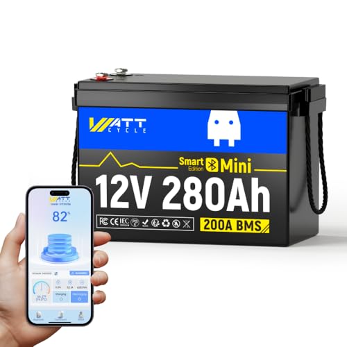 WattCycle 12V 280Ah（300Ah） LiFePO4 Lithium Battery with Bluetooth, Mini Size, Built-in 200A BMS, EVE A+ Rated Cells, Low Temperature Protection, 15,000+ Cycles for RVs, Solar Energy Storage