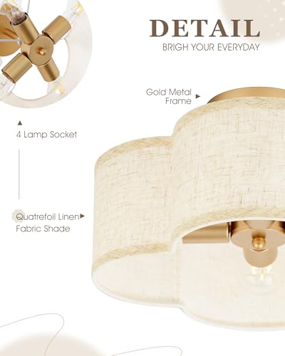 Image of Gold Semi Flush Mount Ceiling Lights, 4-Light 14 inch Gold Light Fixtures Ceiling Mount with Fabric Shade in Quatrefoil Shape, Drum lighting fixture for Nursery Bedroom Kitchen, AD-22007-4SF-GD-B