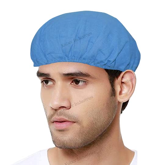Kuber Industries 100% Cotton REUsable Stretchable Anti Pollution Caps, Surgeon Caps (Pack Of-3, Blue)-Mask46342