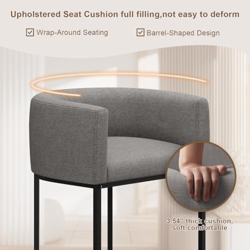VATROS 26" H Counter Height Bar Stools Set of 3, Modern Barrel Counter Stools with Backrest and Arms, Linen Fabric Upholstered Accent Barstools for Kitchen Island,Support 450 LBS (Gray)