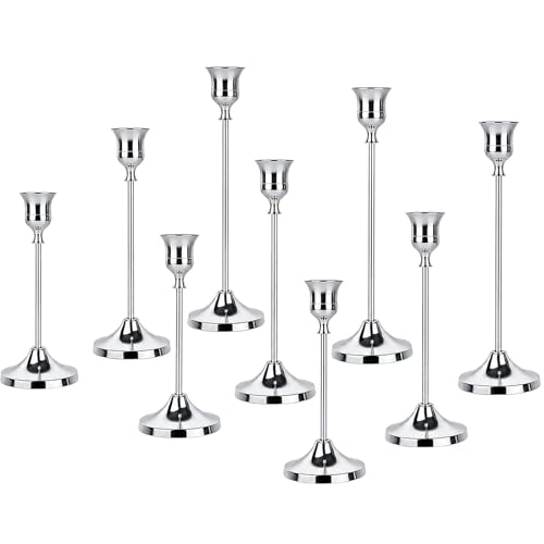 9 Pièces Argenté Coniques Bougeoir, Bougie en Alliage De Zinc, Chandelier Vintage, 16.5/19/22 cm Bougeoir Décoratif pour Mariages, Fêtes, Dîners (Argenté)