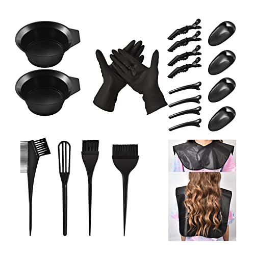Haarfärbepinsel Haarfärbeset, 21 Teile DIY Haare färben zubehör, Färbeschalen, Färbepinsel, Bürsten, Kämme, Haarnadel, Ohrenkappen für Friseure Ohrenschutz, schwarz latexhandschuhe, friseurumhang Cover