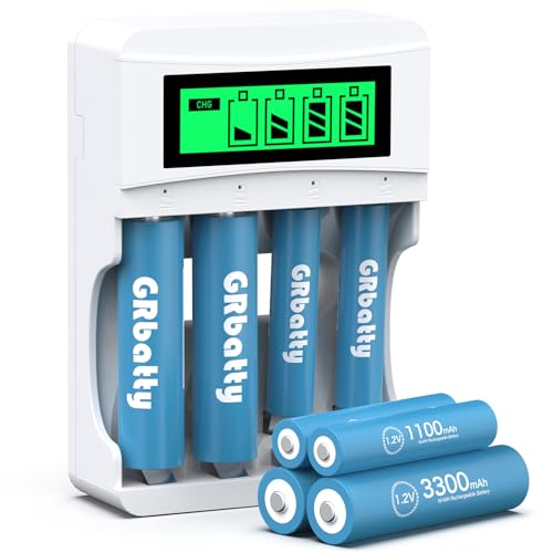 GRbatty Cargador Pilas Recargables AA y AAA 1,2 V 4 Piezas de AA 3300mAh y 4 Piezas de AAA 1100mAh...