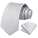 HISDERN Mens Ties Silver Ties for Men Grey Necktie with Pocket Square Set Formal Satin Silk Plain Solid Gray White Tie Handkerchiefs for Wedding Neck Tie Set