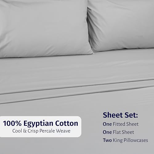 Image of California Design Den King Bed Sheets Set - Certified 100% Egyptian Cotton Percale Sheets King with Deep Pockets, Lightweight, Crisp, Durable Luxury Bedding Set - Light Grey