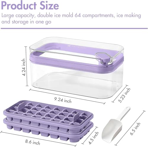 Image of Homecloud 2-Layer Ice Cube Tray with Lid & Bin - BPA-Free Square Ice Cube Molds with Scoop, Easy One-Tap Release, Space-Saving Ice Storage Container, Makes 64 Cubes (Purple)