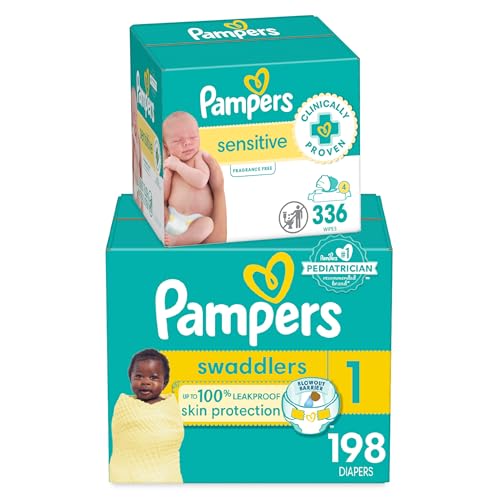 Image of Pampers Swaddlers Disposable Baby Diapers Size 1, One Month Supply (198 Count) with Sensitive Water Based Baby Wipes 4X Pop-Top Packs (336 Count)