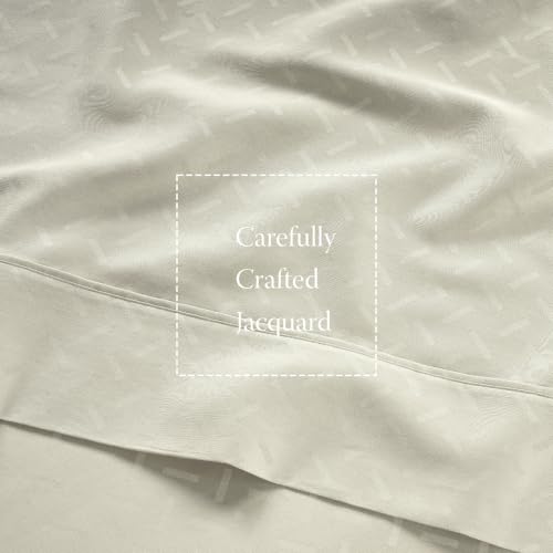 Image of Threadmill 300 Thread Count Cotton Full Sheet Set, Sateen, Jacquard, Ivory | 100% Cotton, Sateen Weave, Jacquard Pattern, 4-Piece Set, 16 inch Deep Pocket, Cooling, OEKO-TEX Certified, Machine Washable