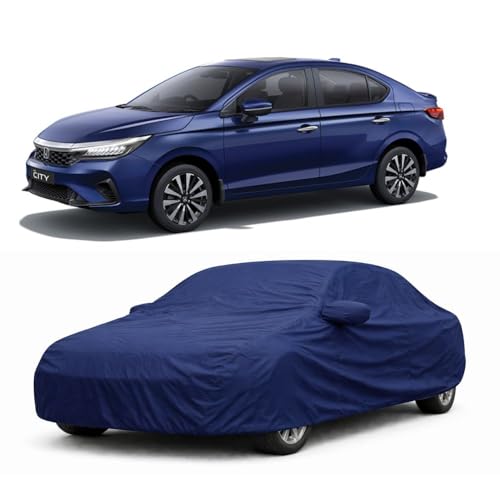 Image of Car Body Cover Compatible with Honda City | Water, Dust & UV Protection | Mirror Pockets | Elastic Grip | Triple Stitch Honda City Car Cover (Blue)