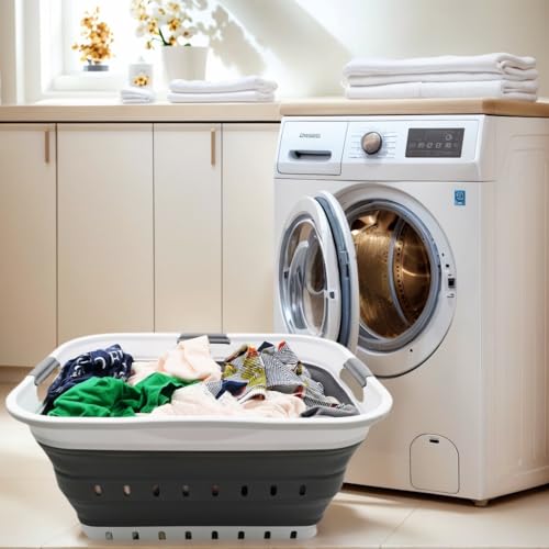 Image of SAMMART 42L (11 gallon) Collapsible Plastic Laundry Basket - Foldable Pop Up Storage Container /Organizer - Portable Basket - Space Saving Hamper /Basket (2, White /Dark Grey)